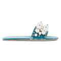 Women Light Blue Leather Velvet Faux Pearl Mules Crystal Flat Shoes Slides